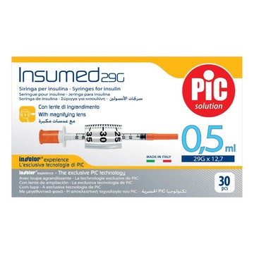 Siringa per insulina pic insumed 0,5 ml 100 ui ago gauge 29 lunghezza 12,7 mm senza spazio morto 3 s - 