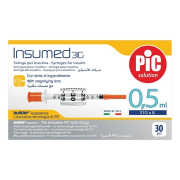 Siringa per insulina pic insumed 0,5 ml 100 ui ago gauge 31 lunghezza 8 mm senza spazio morto 3 sacc - 
